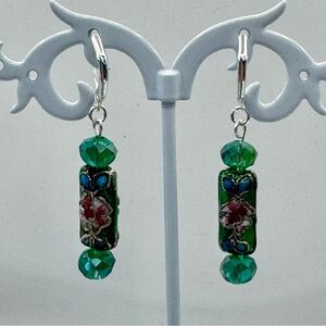 Cloisonné Vintage Green with Pink Flowers Beaded Dangle Earrings